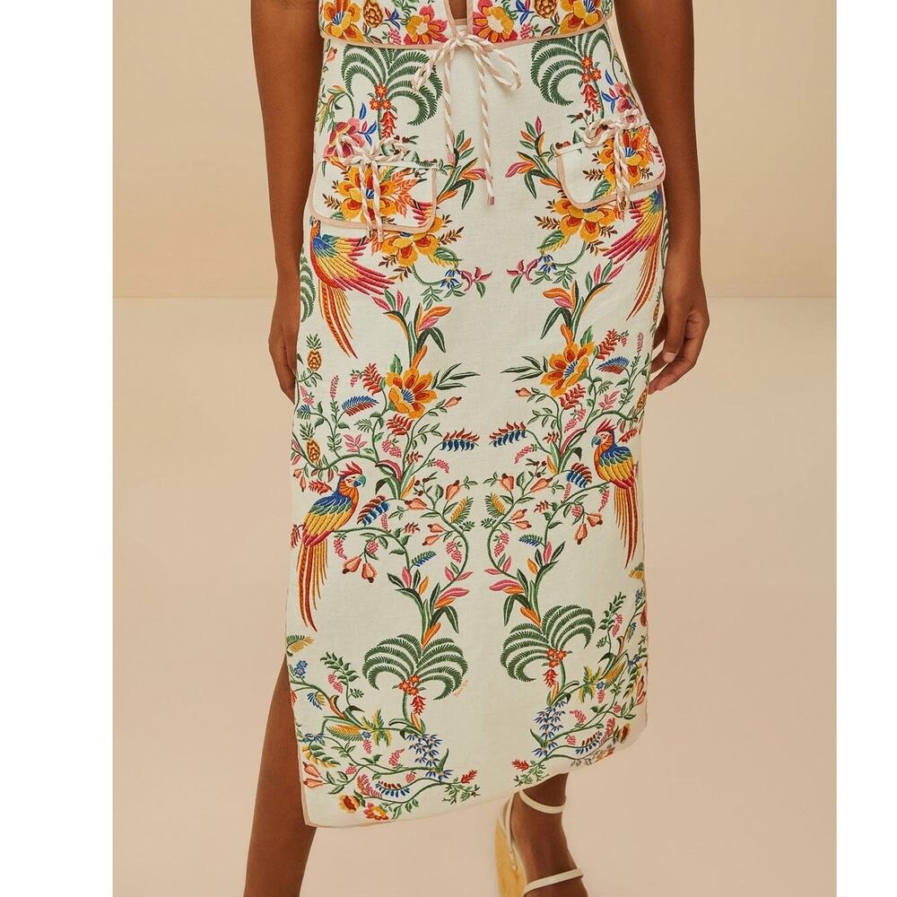 Farm Rio (M) Off White Delicate Forest Floral Tropical Print Midi Skirt Top Set - Picture 4 of 10